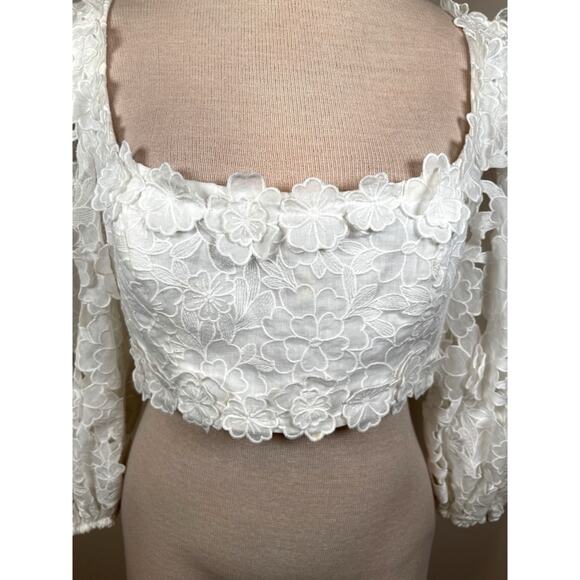 Zimmermann Lola Embroidered Floral Ramie White Puff Sleeve Crop Top Size 8 - Picture 3 of 10
